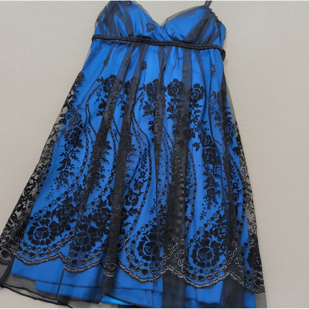 Vtg Ruby Rox Blue Babydoll Dress Whimsygoth Y2K Black Flocked Lace Scalloped M
